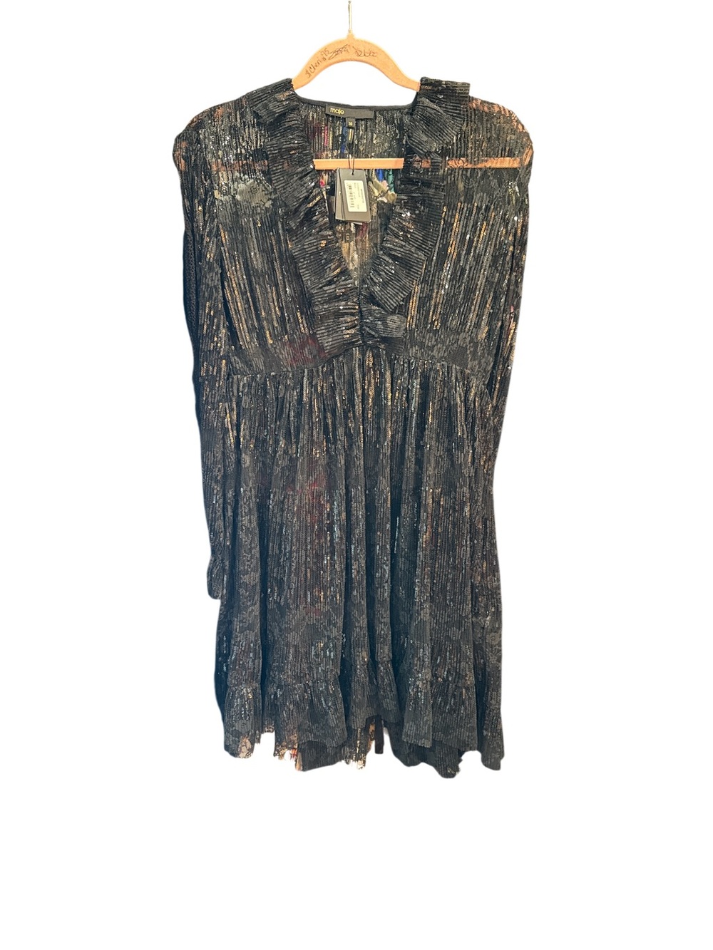 Sequence Beaded Pleated V-Neck Tunic Dress - Black Sparkle